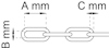 Diagram av en kedja med måttangivelser: A mm och C mm för länkens bredd och höjd, B mm för diameter.