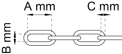 Diagram av en kedja med måttangivelser: A mm och C mm för länkens bredd och höjd, B mm för diameter.