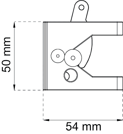 Ritning av en komponent med mått 50 mm höjd och 54 mm bredd; visar flera cirkulära hål.