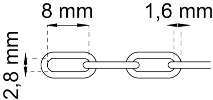 Kedja med mått: 8 mm längd, 2,8 mm bredd, 1,6 mm tjocklek.