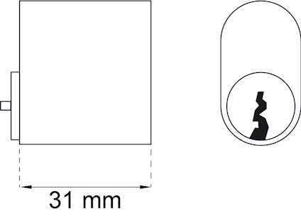 Illustration av en cylindrisk låsdel med måttet 31 mm markerat på den vänstra profilen.