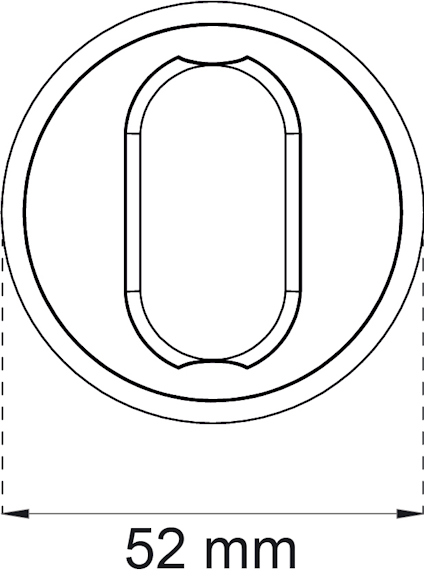 Ringsymbol med inre ovalt mönster, omringat av en cirkel. Text under: "52 mm".