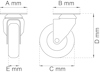 Teknisk ritning av svängbart hjul bromsad, markerad med mått A, B, C, D och E i millimeter.