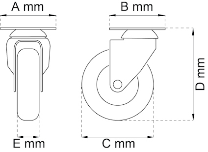 Teknisk ritning av svängbart hjul bromsad, markerad med mått A, B, C, D och E i millimeter.