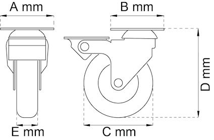 Ritning av en hjulbeslag med mått A, B, C, D och E angivna i mm.