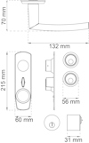 Ritning av dörrhandtag med mått: handtag 132x70 mm, lås 215x60 mm, vred 31 mm, skruvhål 56 mm.