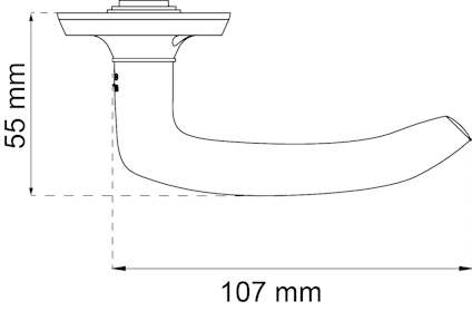 Illustration av ett dörrhandtag med måtten 55 mm i höjd och 107 mm i längd.