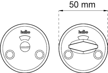 Ritning av ett runt dörrhandtag med texten "habo" och diameter 50 mm, två skruvar och en låsanordning.