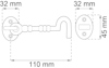 Ritning av dörrkrok med mått: 110 mm lång, 32 mm bred, basplatta 45 mm hög.