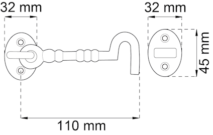 Ritning av dörrkrok med mått: 110 mm lång, 32 mm bred, basplatta 45 mm hög.