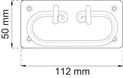 Rektangulär metallhandtagsskissa med mått: 112 mm bredd och 50 mm höjd.