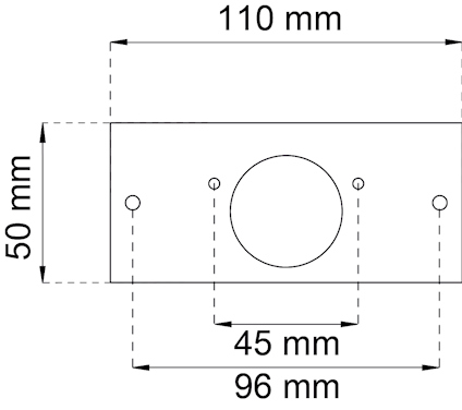 Rektangel med hål; måtten 110 mm x 50 mm, centralt cirkulärt hål, 45 mm från vänster, två ytterligare hål.