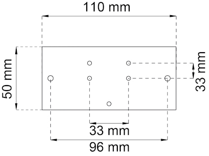 Ritning med mått på 110 mm x 50 mm rektangel, med inre mått och avstånd markerade.