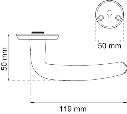 Illustration av dörrhandtag med mått: 50 mm höjd, 119 mm längd; nyckelhålsrosett 50 mm diameter.