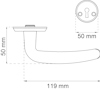 Ritning av dörrhandtag med mått: längd 119 mm, höjd 50 mm och nyckelskylt diameter 50 mm.