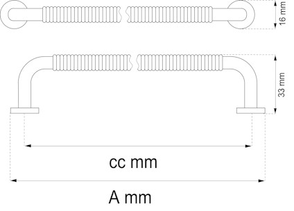 Ritning av U-bult med måttangivelser: 16 mm, 33 mm, cc mm, A mm.