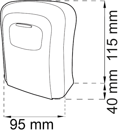 Illustration av en kantig enhet med måtten 115 mm höjd, 95 mm bredd och 40 mm djup.