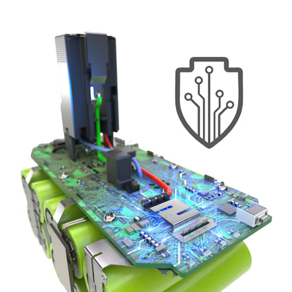 Insidan av ett ONE+ batteri från Ryobi. Kretskort med elektroniska komponenter och ett skyddssymbol till höger.