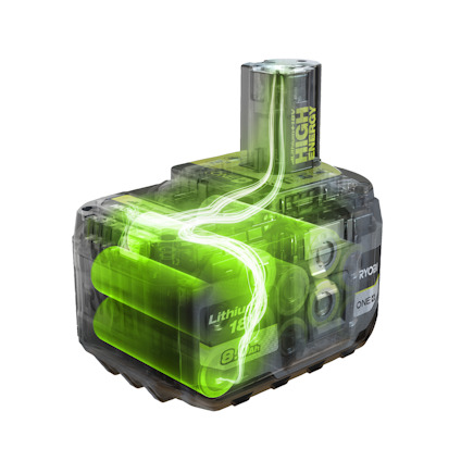 Transparent ONE+ high energy batteri som visar gröna litiumceller inuti, med texten "Lithium 18V" och ett ljusgrönt energimotiv.Märke: Ryobi