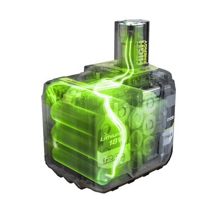 Transparent ONE+ high energy batteri som visar gröna litiumceller inuti, med texten "Lithium 18V" och ett ljusgrönt energimotiv.Märke: Ryobi