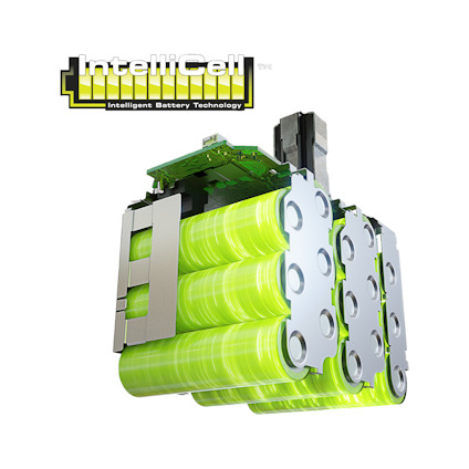 Visar hur ett ONE+ batteri av märket RYOBI ser ut på insidan med 9 gröna cylinderbatterier med kretskort och texten "IntelliCell Intelligent Battery Technology".