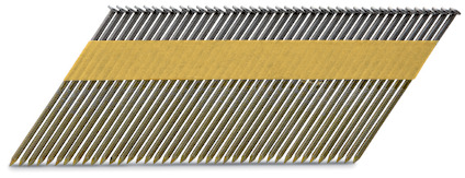 Spikband med flera metallspikar arrangerade diagonalt, hålls samman av ett gult tejpband.