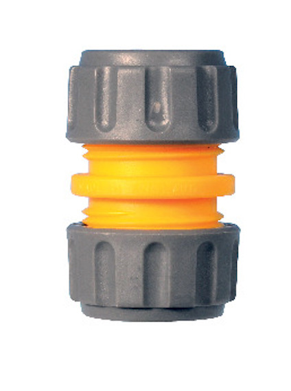 Grå och gul slangkoppling med ribbad yta och skruvbara ändar.