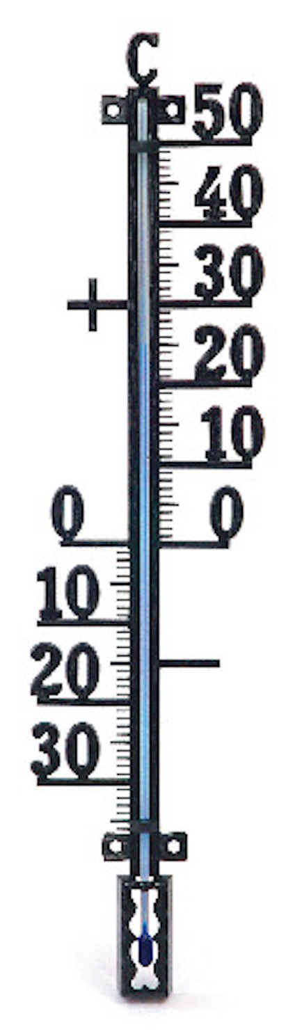 Vertikal termometer i svart med vit bakgrund, graderad från -30 till 50 grader Celsius.