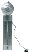 Termometer med golfboll-liknande topp, klart hölje och rep med plastfäste. Graderingsskala från -5 till 50 synlig.