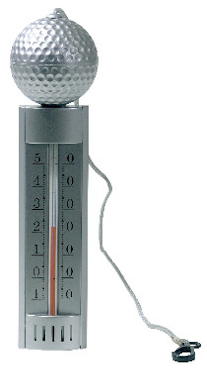 Termometer med golfboll-liknande topp, klart hölje och rep med plastfäste. Graderingsskala från -5 till 50 synlig.