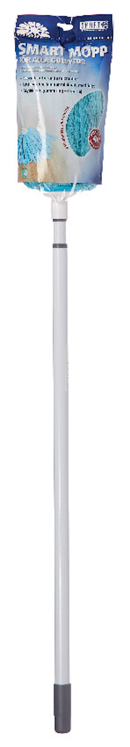 Mopp med teleskopiskt metallhandtag och blått mikrofiberhuvud, förpackad i plast med etikett.
