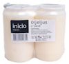 Två vita oljeljus i plastförpackning med etikett som visar text: "inico by beson Oljeljus 2-pack". Etiketten har även bruksanvisningar och streckkod.
