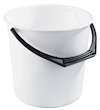 Vit hink med svart plasthandtag, cylindrisk form.