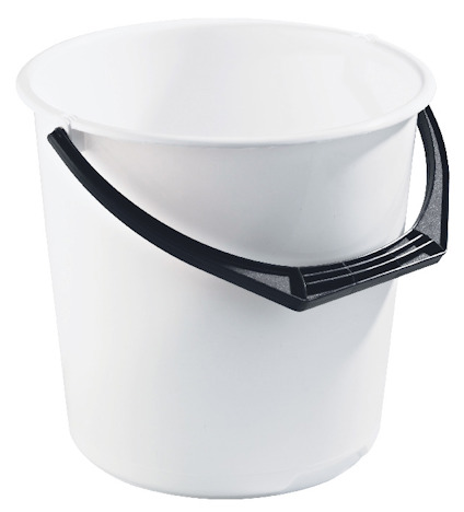 Vit hink med svart plasthandtag, cylindrisk form.