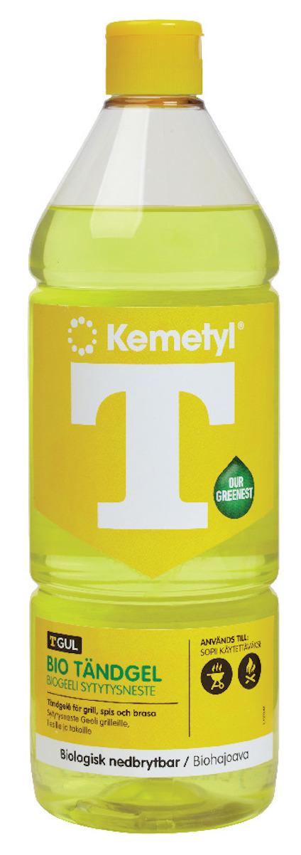 Gul plastflaska med gul etikett, märkt "Kemtyl T-Gul Biotändgel". Innehåller grön ikon och text om biologisk nedbrytbarhet.