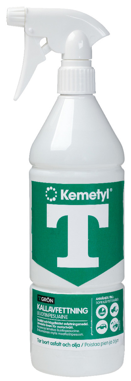 Flaska med grön etikett med texten "Kemetyl T" och spraymunstycke. Etiketten innehåller även ordet "KALLAVFETTNING".