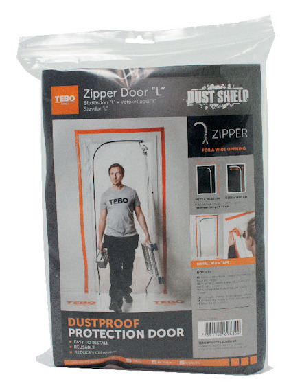 Förpackning med dammskyddsdörr, märkt "Dust Shield", med illustration av installerad dörr och en person som bär material.
