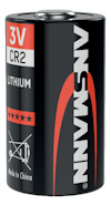 Svart lithiumbatteri med röd och vit text: "3V CR2 LITHIUM." Märkt med företagslogotyp och texten "Made in China".