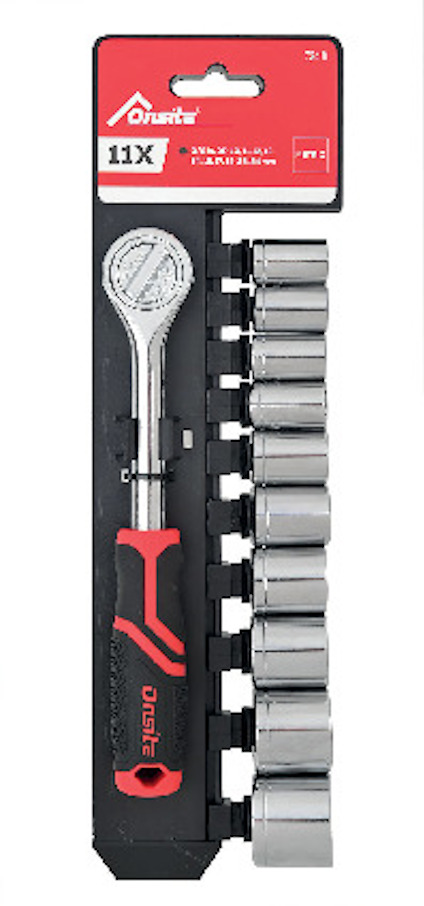 Hylsnyckelsats med räfflad handtag och flera hylsor placerade i en plastförpackning, märkt "Onsite".