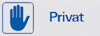 Skylt med blå symbol av en hand och texten "Privat" i blått på en vit bakgrund.