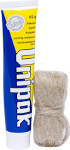 Tätningstubs med blå och vit etikett bredvid en bunt gängtejp i naturlig färg.