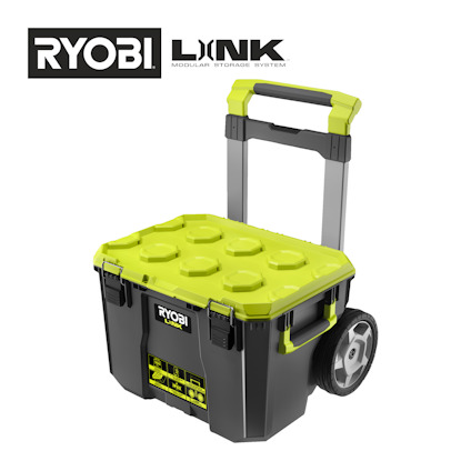 Svart och limegrön verktygsväska med hjul och teleskophandtag, märkt "RYOBI LINK Modular Storage System".