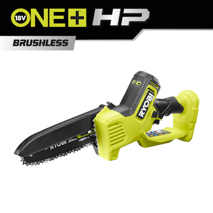 Grön kedjesåg av märket RYOBI med texten "18V ONE+ HP Brushless" mot en vit bakgrund.