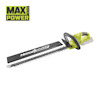 Häcksax av märket RYOBI med grön och svart design, märkt "HEDGE SWEEP" och "MAX POWER".
