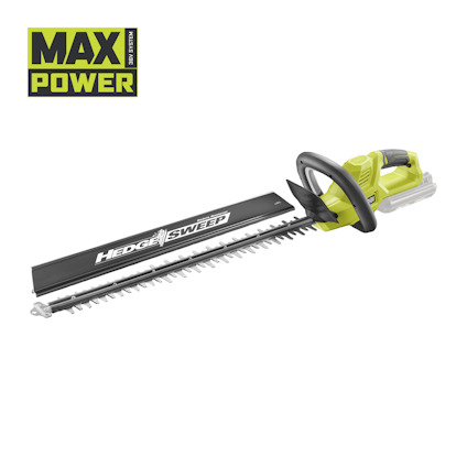 Häcksax av märket RYOBI med grön och svart design, märkt "HEDGE SWEEP" och "MAX POWER".