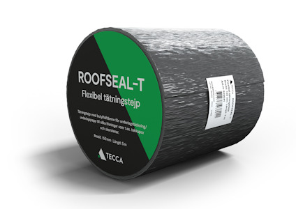 Rulle med grå taktejp "ROOFSEAL-T" och text på etiketten om produktens specifikationer.