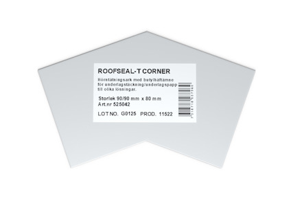 Vit förpackningstext med information om ROOFSEAL-T CORNER, storlek 99/90 mm x 80 mm.