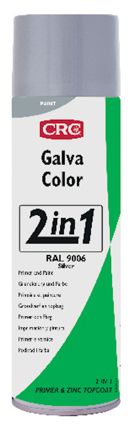 Sprejfärg CRC Galva Color i silver, med texten "2 in 1 RAL 9006". Grön och vit etikett med grått lock.