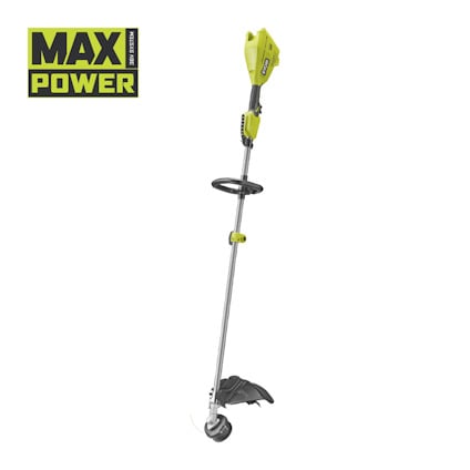 Grön grästrimmer av märket RYOBI med svart handtag och skydd. Texten "MAX POWER SYSTEM" syns i övre vänstra hörnet.