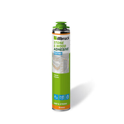 Cylindrisk tub med grön kork märkt "illbruck Stone & Wood Adhesive PU700" med vita och gröna sektioner.